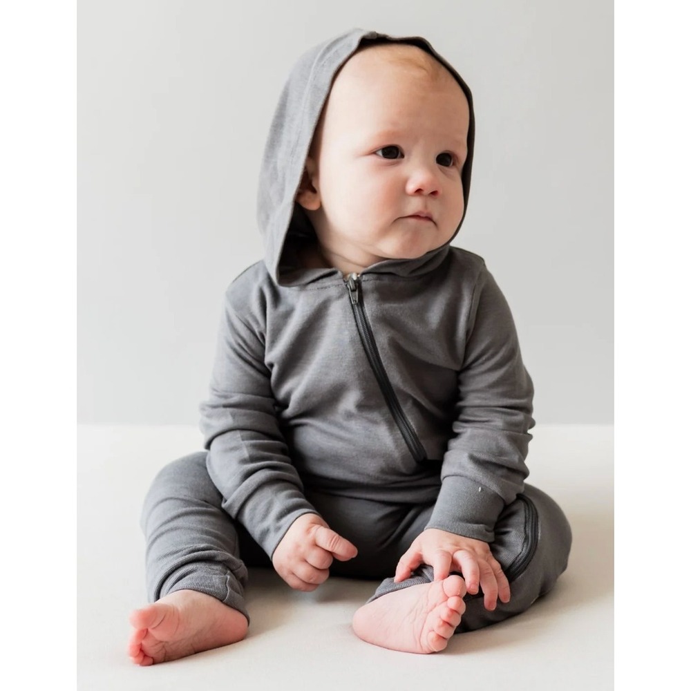 Kyte Baby Hooded Romper Stormy Gray Bamboo Rayon Zip Jumpsuit 12-18 Months